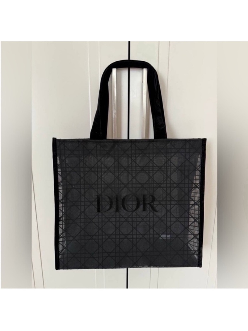 DIOR Black mesh Tote bag purse pattern velvet large cannage shopper LOGO - Picture 6 of 6